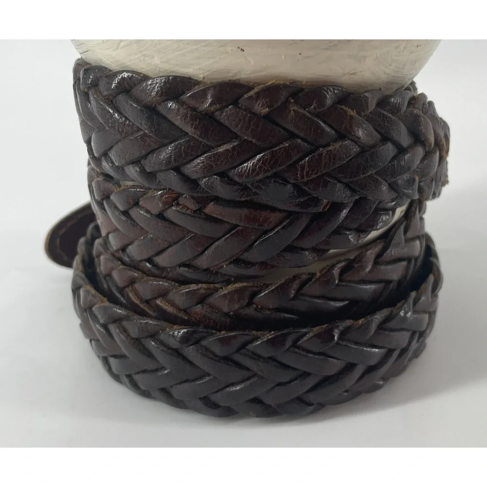 Vtg Braided Genuine Leather Belt XL 42-44 Brown Woven Brass Buckle‎ Boho Skinny